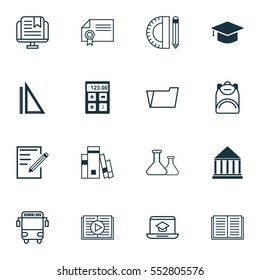 Set Of 16 School Icons. Includes Library, Education Center, Paper And Other Symbols. Beautiful Design Elements.