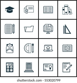 Set Of 16 School Icons. Includes Graduation, Measurement, Home Work And Other Symbols. Beautiful Design Elements.