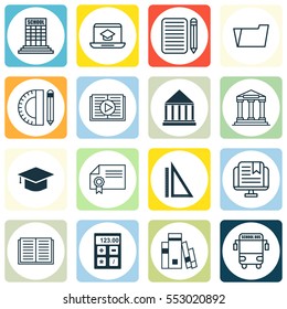 Set Of 16 School Icons. Includes Measurement, Library, Academy And Other Symbols. Beautiful Design Elements.