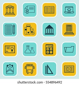 Set Of 16 School Icons. Includes Library, Education Center, College And Other Symbols. Beautiful Design Elements.