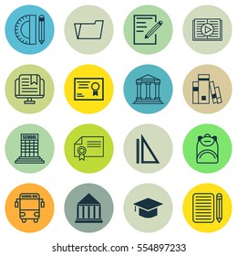 Set Of 16 School Icons. Includes Measurement, Education Center, E-Study And Other Symbols. Beautiful Design Elements.