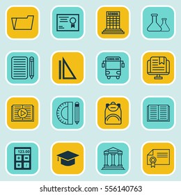 Set Of 16 School Icons. Includes Certificate, Education Tools, Academy And Other Symbols. Beautiful Design Elements.