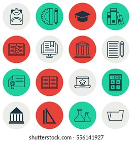 Set Of 16 School Icons. Includes Education Center, Electronic Tool, Education Tools And Other Symbols. Beautiful Design Elements.