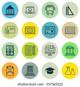 Set Of 16 School Icons. Includes Education Center, Home Work, Diploma And Other Symbols. Beautiful Design Elements.