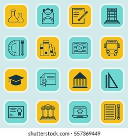 Set Of 16 School Icons. Includes Paper, Certificate, Transport Vehicle And Other Symbols. Beautiful Design Elements.