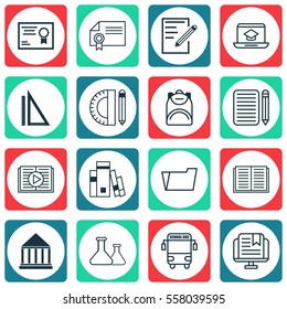 Set Of 16 School Icons. Includes Library, Haversack, Education Tools And Other Symbols. Beautiful Design Elements.