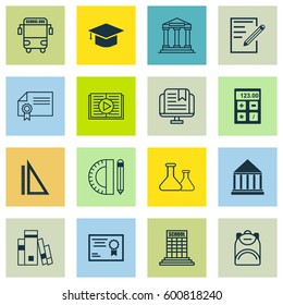 Set Of 16 School Icons. Includes E-Study, Certificate, Library And Other Symbols. Beautiful Design Elements.