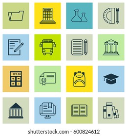 Set Of 16 School Icons. Includes E-Study, Paper, Diploma And Other Symbols. Beautiful Design Elements.