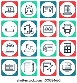 Set Of 16 School Icons. Includes Certificate, Library, Chemical And Other Symbols. Beautiful Design Elements.