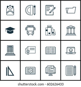Set Of 16 School Icons. Includes Academy, Home Work, Diploma And Other Symbols. Beautiful Design Elements.