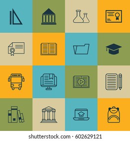 Set Of 16 School Icons. Includes Opened Book, Diploma, Distance Learning And Other Symbols. Beautiful Design Elements.