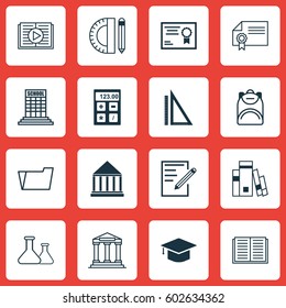 Set Of 16 School Icons. Includes Chemical, Certificate, Academy And Other Symbols. Beautiful Design Elements.