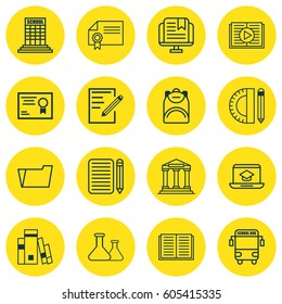 Set Of 16 School Icons. Includes Academy, Taped Book, Transport Vehicle And Other Symbols. Beautiful Design Elements.