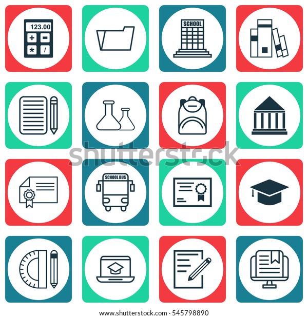 Set Of 16 School Icons. Includes Education\
Center, Distance Learning, Electronic Tool And Other Symbols.\
Beautiful Design Elements.