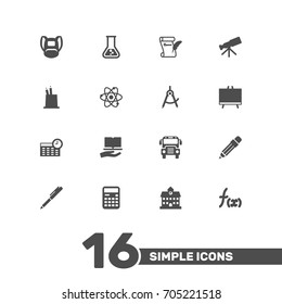 Set Of 16 School Icons Set.Collection Of Flask, Formula, Accounting And Other Elements.