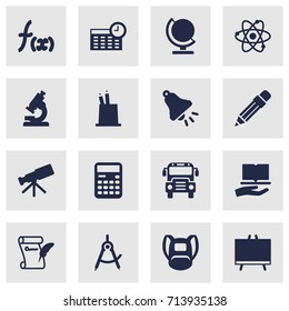 Set Of 16 School Icons Set.Collection Of Telescope, Schedule, Learning And Other Elements.