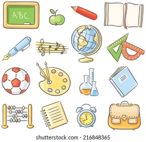 Set of 16 school thing representing different school subjects