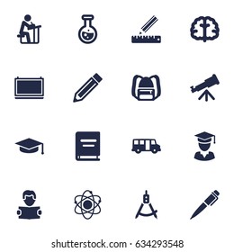 Set Of 16 Science Icons Set.Collection Of Drawing Tool, Diplomaed Male, Blackboard And Other Elements.