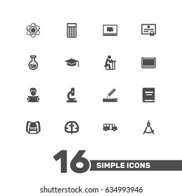 Set Of 16 Science Icons Set.Collection Of Rucksack, Microbiology, Student And Other Elements.