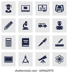 Set Of 16 Science Icons Set.Collection Of Textbook, Pencil, Calculate And Other Elements.