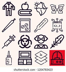 Set of 16 science outline icons such as biohazard, iceberg, syringe, joint, coverall, book, brain, mad scientist, quill, supercomputer, coding, mad, thermometer, medicine