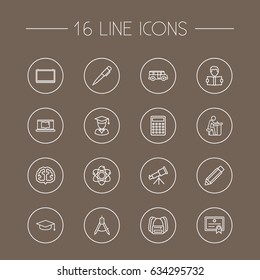 Set Of 16 Science Outline Icons Set.Collection Of School Board, Pupil, Calculator And Other Elements.