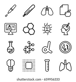 Set of 16 science outline icons such as thermometer, paper and apple
