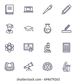 Set Of 16 Science Outline Icons Set.Collection Of Microscope, Telescope, Pencil And Other Elements.