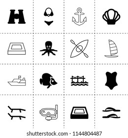 Set of 16 sea filled and outline icons such as swimming pool, binoculars, lounger, swimsuit, shell, octopus, flip-flops, fish, pier, s, boat, ship, anchor