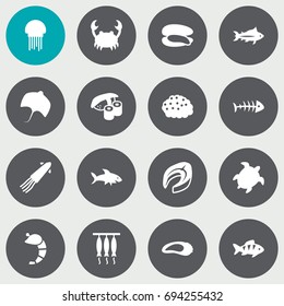 Set Of 16 Sea Icons Set.Collection Of Smoked, Roe, Calamary And Other Elements.