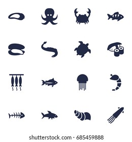 Set Of 16 Seafood Icons Set.Collection Of Tortoise, Remains, Medusa And Other Elements.