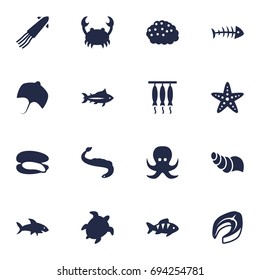 Set Of 16 Seafood Icons Set.Collection Of Fish, Beefsteak, Shark And Other Elements.