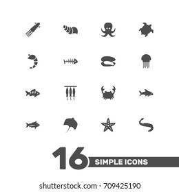 Set Of 16 Seafood Icons Set.Collection Of Crustaceans, Fish, Stingray And Other Elements.