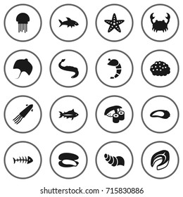 Set Of 16 Seafood Icons Set.Collection Of Stingray, Remains, Clam And Other Elements.