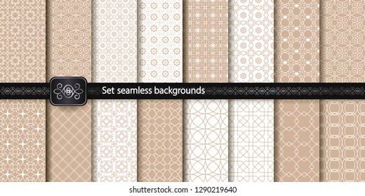 Set of 16 seamless backgrounds. Beige and white. Templates, backgrounds and Wallpapers for your design. Textile ornament. Vector illustration