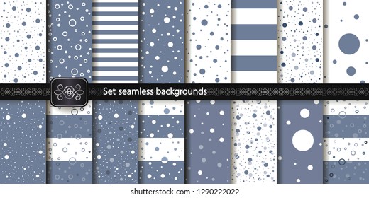 Set of 16 seamless backgrounds. Grey and white. Templates, backgrounds and Wallpapers for your design. Textile ornament. Vector illustration