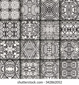 Set of 16 seamless geometric square patterns with repeating texture for fabric or paper print. Black and white vector collection