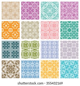 Set of 16 seamless geometric square patterns with repeating lace texture for fabric or paper prints, invitations or cards design.  Colorful abstract backgrounds collection, vector illustration