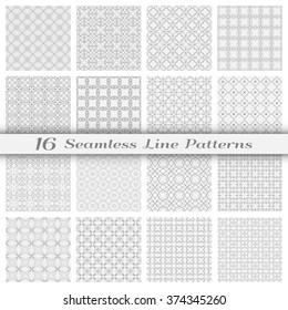 Set of 16 Seamless linear patterns with thin lines. Stylish monochrome geometric backgrounds collection, line art. Tribal ethnic ornament in arabic style. Contemporary graphic design.