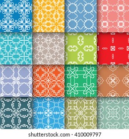 Set of 16 Seamless linear patterns with thin lines. Stylish colorful geometric backgrounds collection, line art. Tribal ethnic ornament, design elements collection. Contemporary graphic design.