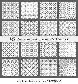 Set of 16 Seamless linear patterns with thin lines. Stylish monochrome geometric backgrounds collection, line art. Tribal ethnic ornament in arabic style. Contemporary graphic design. Black and white
