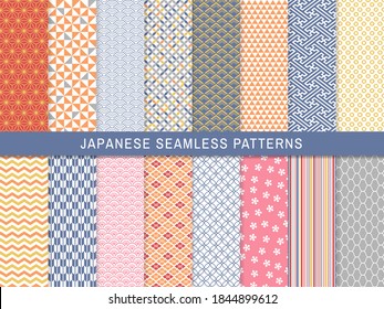 Set of 16 seamless pattern in japanese style. japanese traditional vector art in  bright color. 