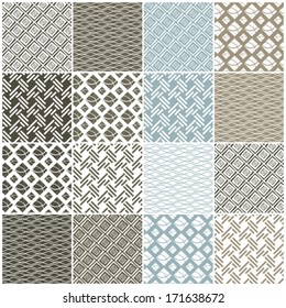 set of 16 seamless patterns with dots, waves and stripes, vector illustration