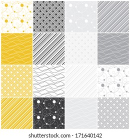 set of 16 seamless patterns with dots, waves and stripes, vector illustration