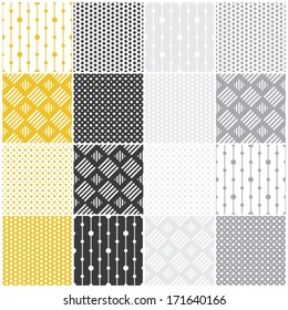 set of 16 seamless patterns with dots, squares and lines, vector illustration