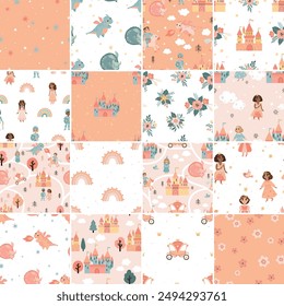 A set of 16 seamless patterns featuring cute princesses, princes, and castles on a map. Ideal for printing on fabric or paper, perfect for children's textiles, party decorations, and themed crafts.