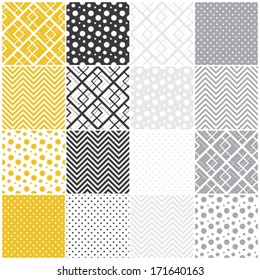 set of 16 seamless patterns with squares, polka dots and chevron, vector illustration