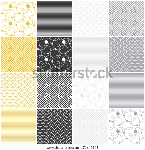 縞模様 波模様 点 丸 山形のシームレスな16種類のパターンのセット ベクターイラスト のベクター画像素材 ロイヤリティフリー