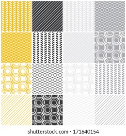 set of 16 seamless patterns with waves, circles and lines, vector illustration