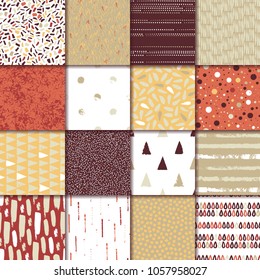 Set of 16 seamless texture. Drops, points, lines, stripes, circles, triangles, rectangles. Abstract forms drawn a wide pen and ink. Backgrounds in beige, red, yellow, vinous. Vector illustration.